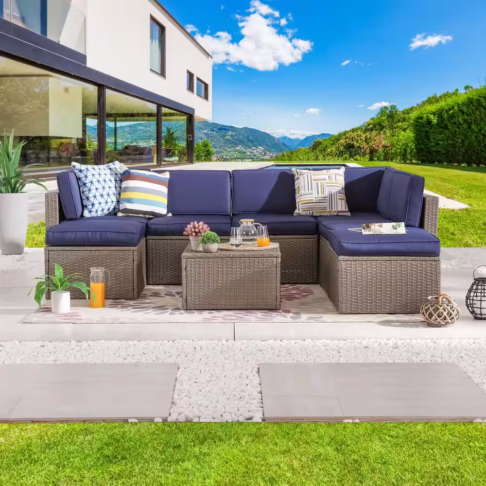 Patio Festival 8-Piece Wicker Patio Sectional Seating Set with Blue Cushions
