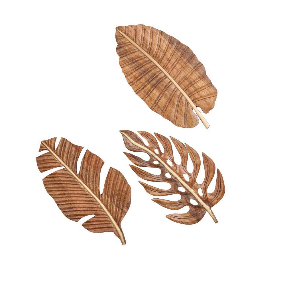 Litton Lane Mango Wood Brown Handmade Carved Leaf Wall Decor (Set of 3)