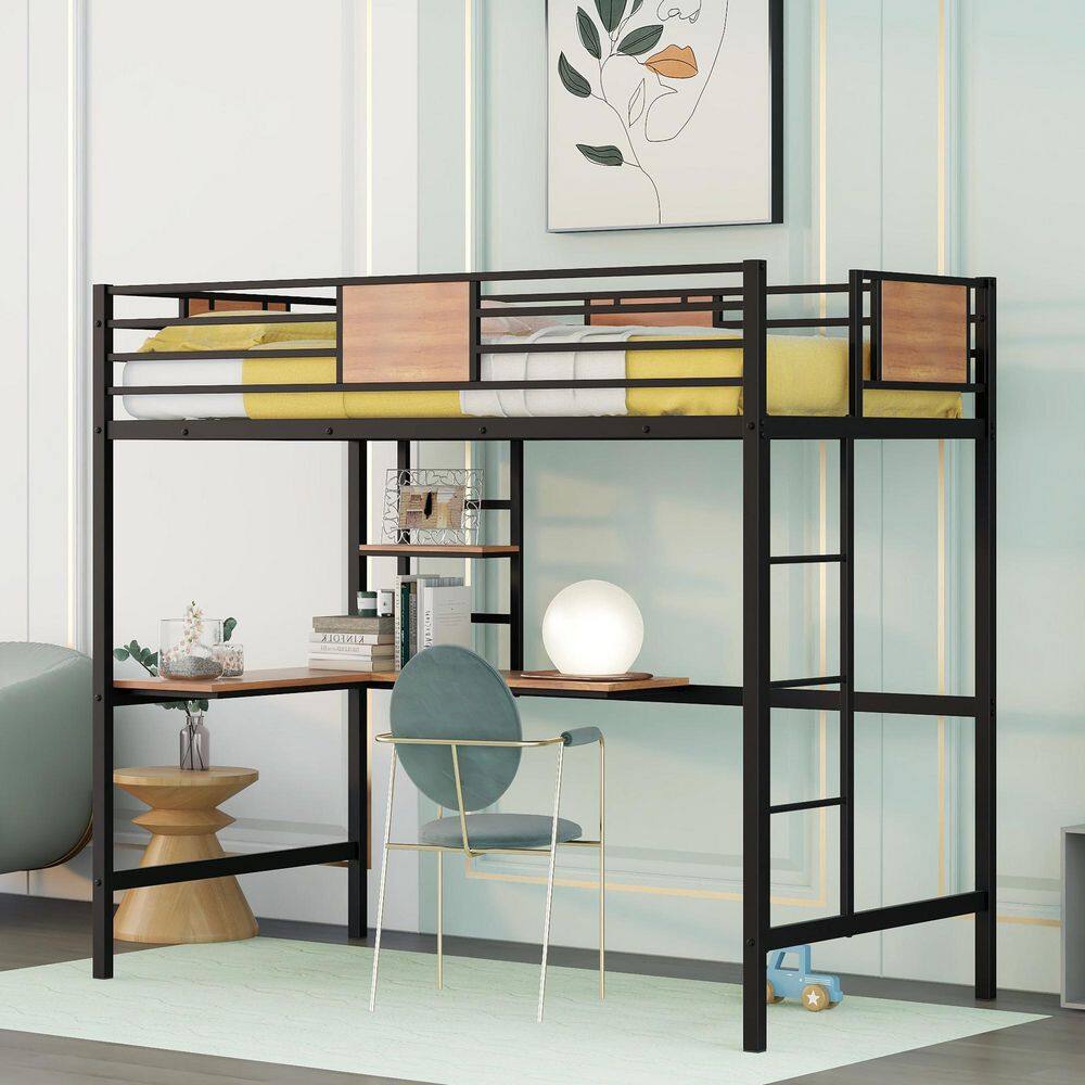 None Modern Black Twin Size Metal Loft Bed Frame with L-Shaped Desk and Storage Shelves
