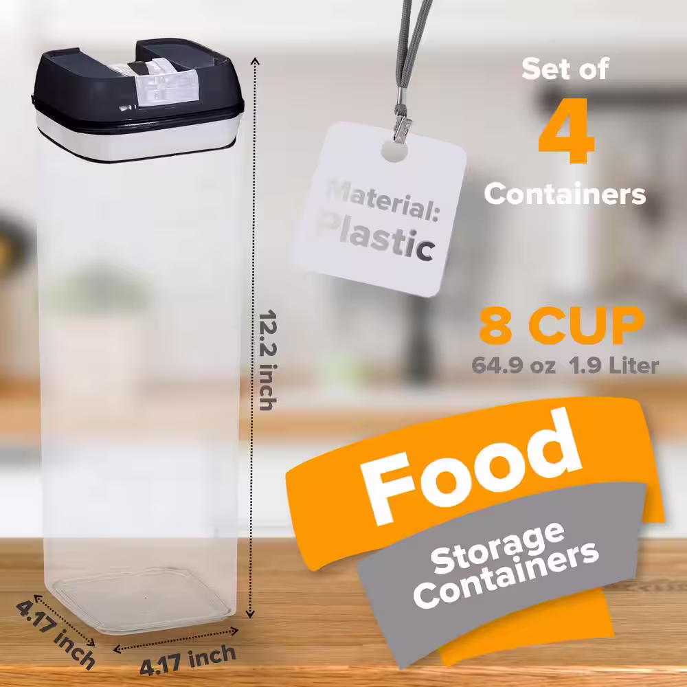CHEER COLLECTION 4 Piece Food Storsage Plastic Containers, 1.9L - Black