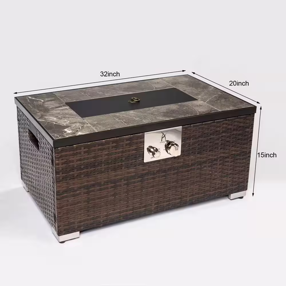 None 50,000 BTU Brown Rattan 32 in. Fire Table Gas Fire Pit Table with Tile Tabletop and Waterproof Rain Cover