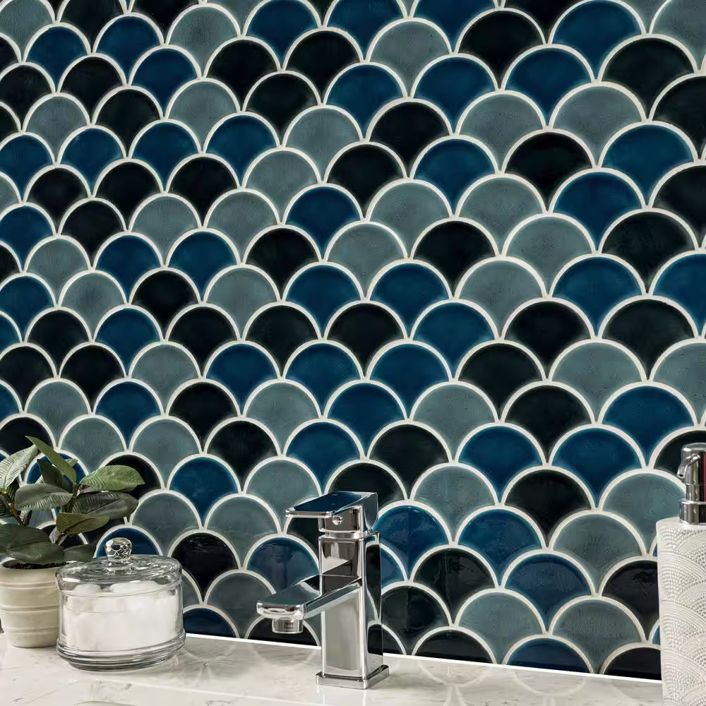 MSI Azul Scallop Glossy 13.11 in. x 9.96 in. x 8 mm Glossy Porcelain Mosaic Tile (9.1 sq. ft. / case)