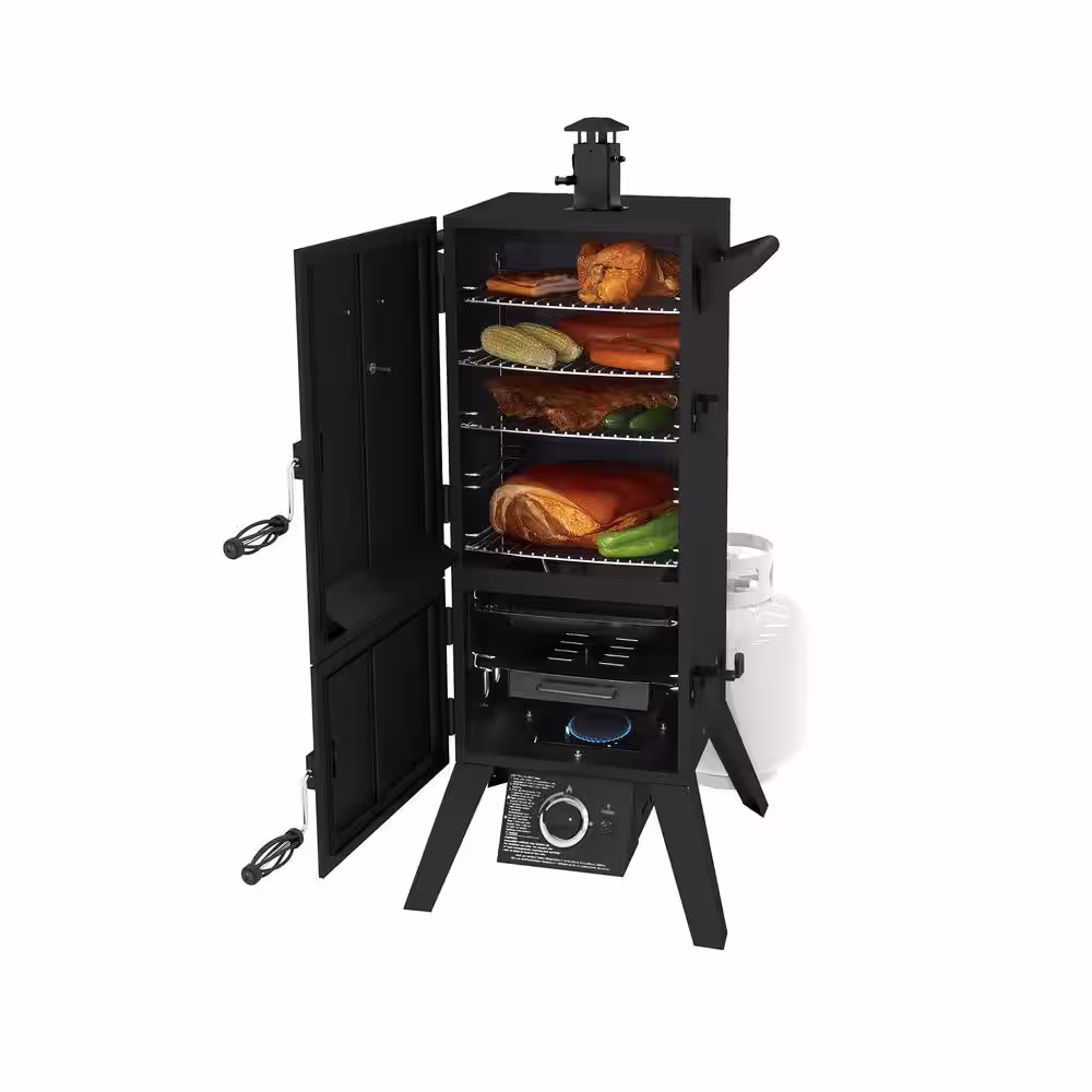 Dyna-Glo 36 in. Dual Door Liquid Propane Gas Smoker in Black with Premium Vertical Smoker Cover