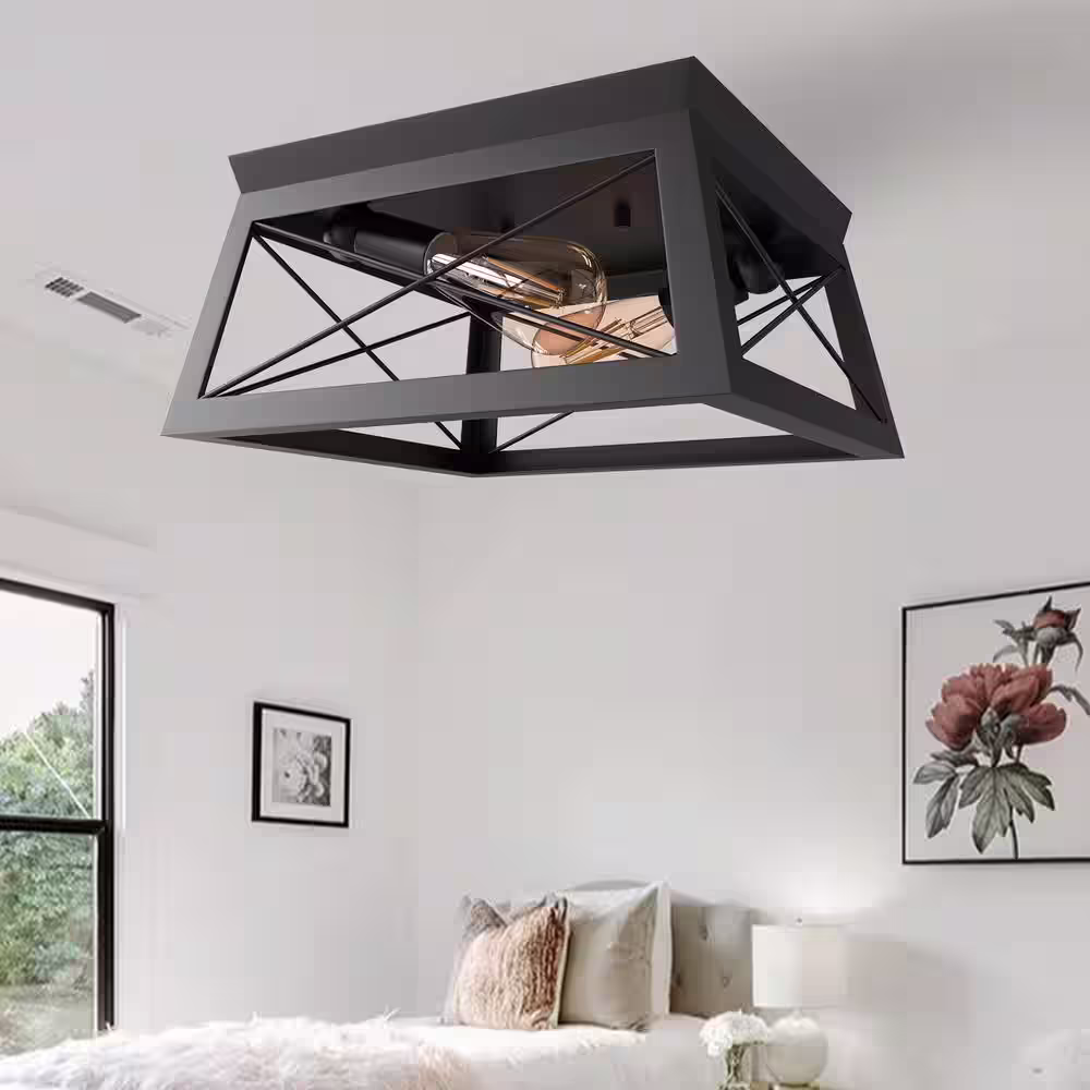 YANSUN 12.2 in. 2-Light Farmhouse Flush Mount for Hallway Entryway Kitchen, Rustic Industrial Caged Ceiling Lamp in Black