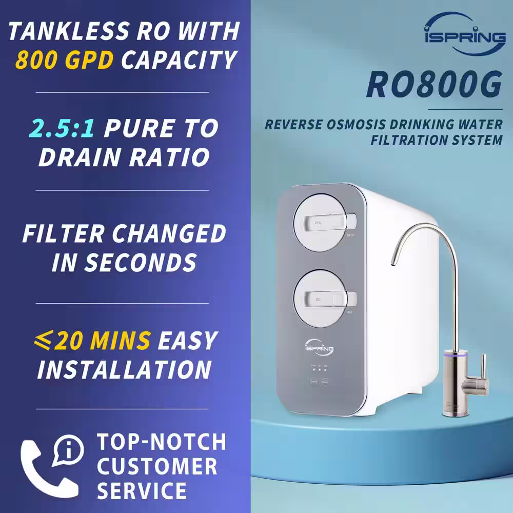 ISPRING RO800G Tankless RO Reverse Osmosis Water Filtration System, 800 GPD Fast Flow, Up to 2.5:1 Pure to Drain Ratio, Gray