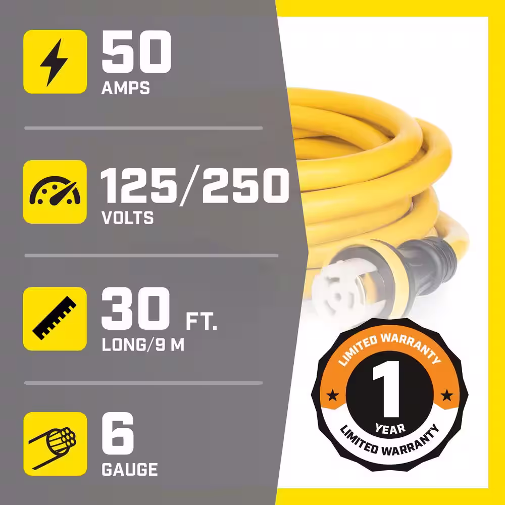 Champion Power Equipment 30-Ft. 50-Amp 125/250-Volt RV Generator Power Cord