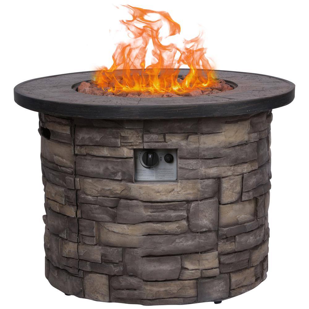 Shine Company Sevilla Round Outdoor Propane Gas Stone Fire Pit Table with Lava Rock, 35 in. Dia