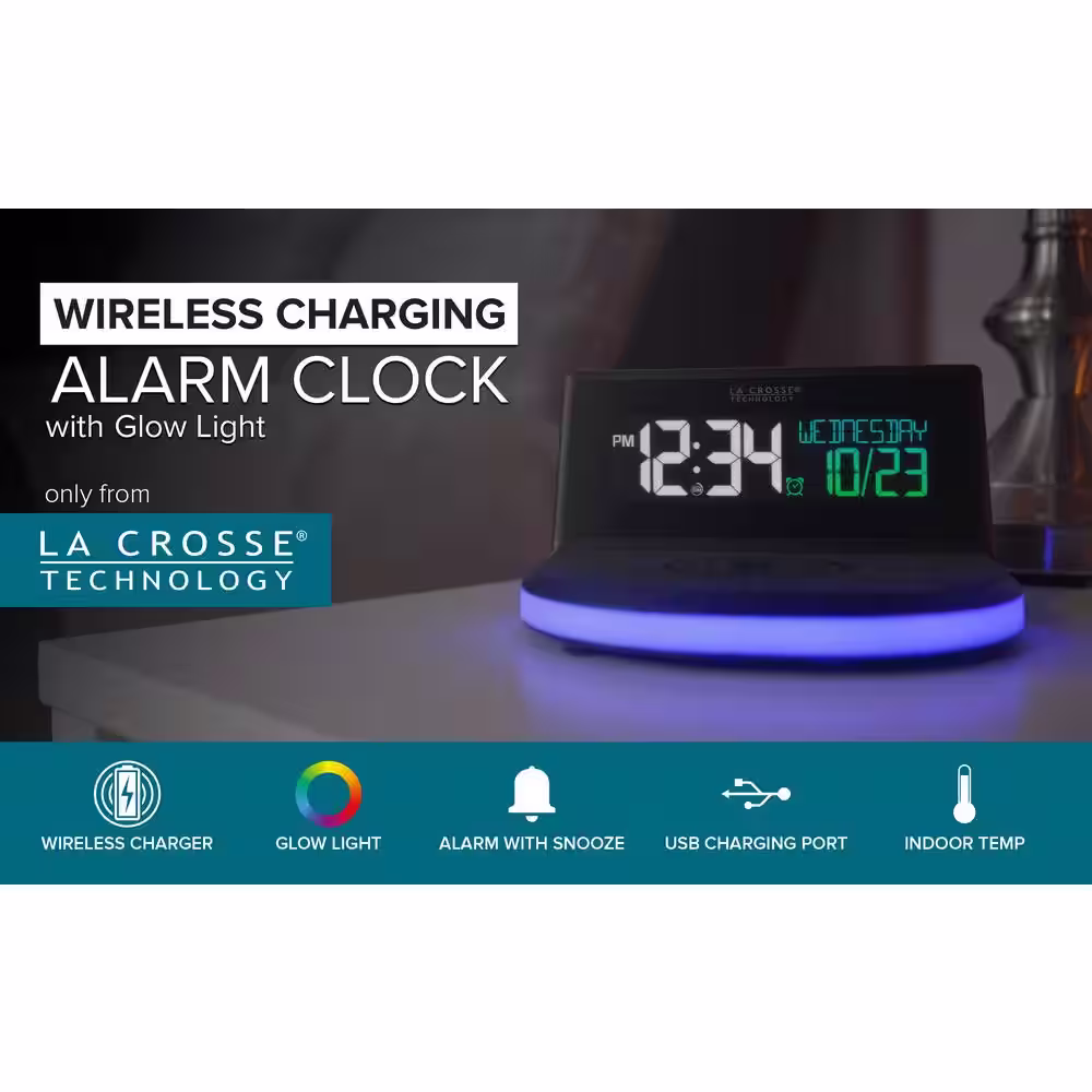 La Crosse Technology Wireless Charging Alarm Clock with Glowing light base