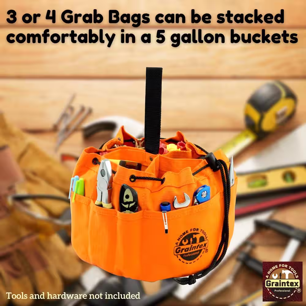 Graintex 10 in. 6-Pocket Grab Tool Bag with Drawstring Closure in Orange Canvas