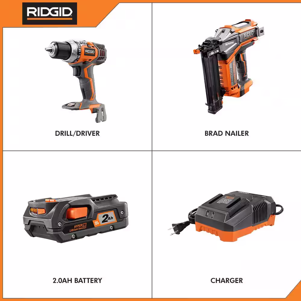 RIDGID 18V Cordless Drill/Driver and Brad Nailer Combo Kit with (1) 2.0 Ah Battery and Charger