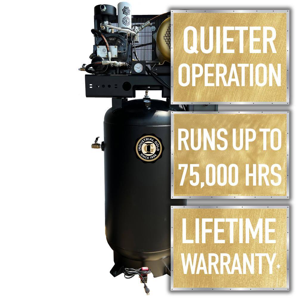 None Industrial Gold 80 Gal 7.5 HP Rotary Screw 1-Phase Low RPM 150 PSI Electric Air Compressor with Quiet Operation