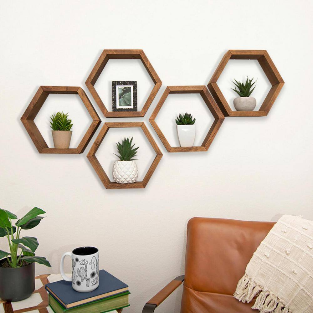 TRINITY Hexagon 4 in. x 11.75 in. x 10.13 in. Walnut Floating Wall Shelves 5-Pack