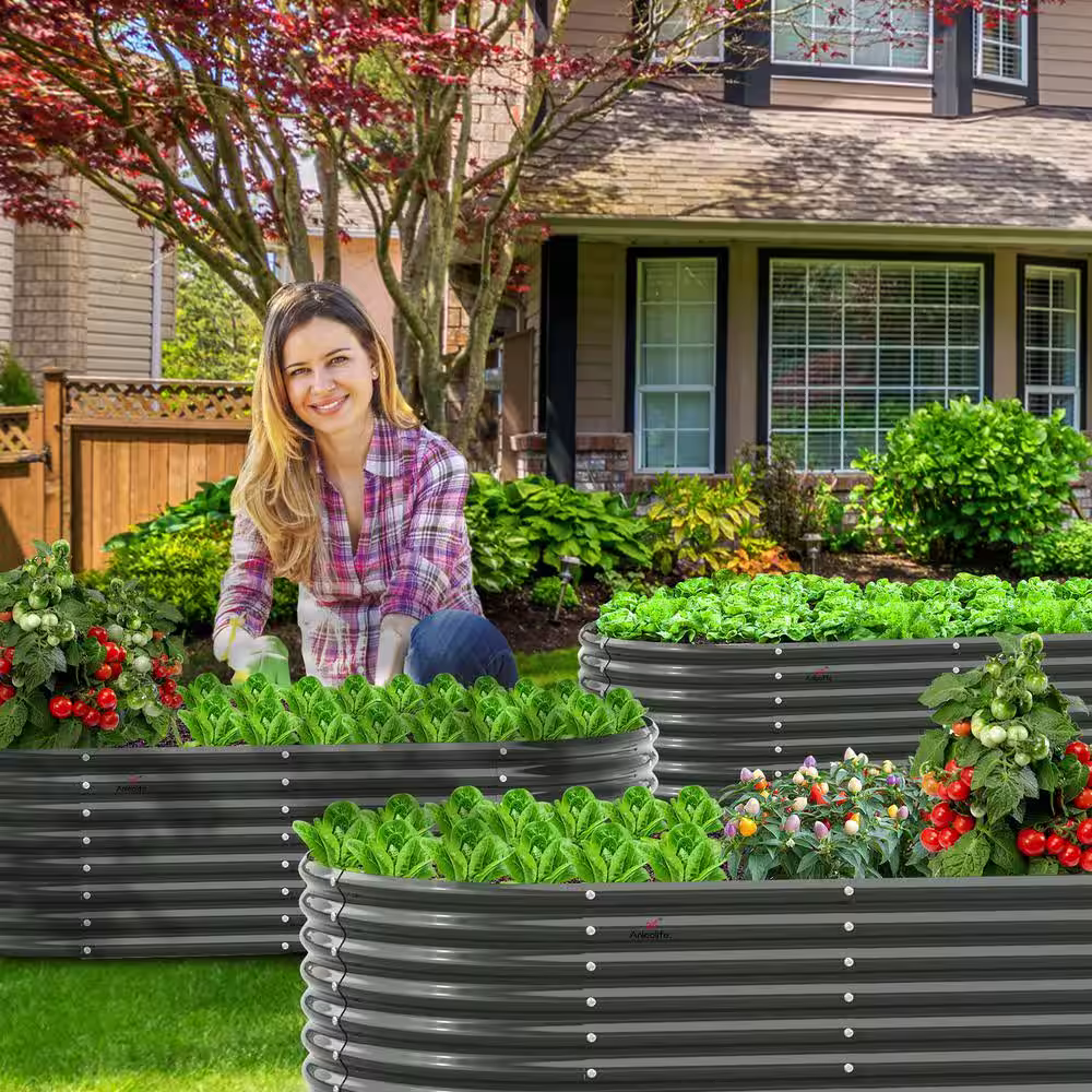 None 2 Pcs Gray Anti-Rust Galvanized Raised Steel Garden Bed Oval Above Ground Modular Planter Boxes(96