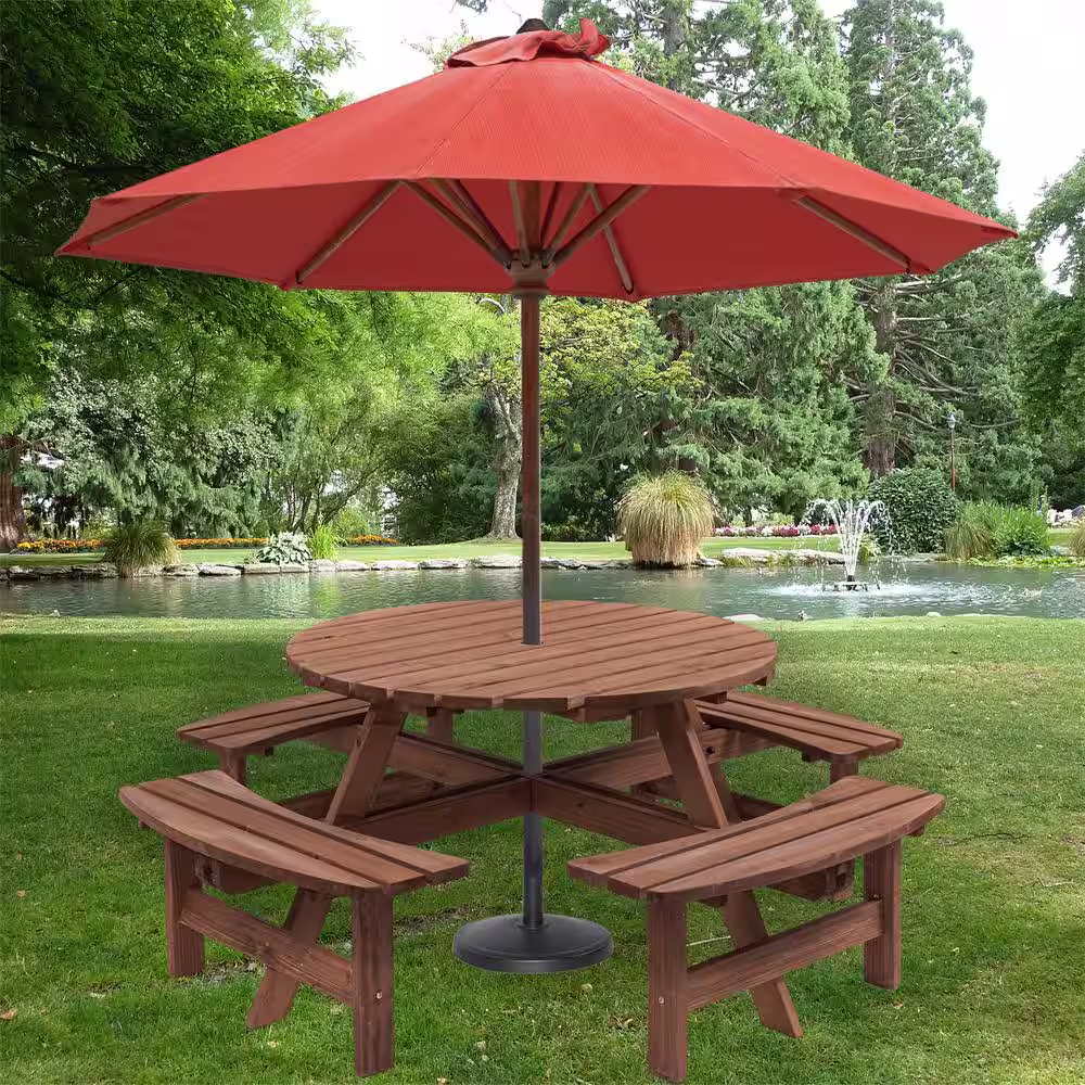 None 70.07 in. W Brown 8-Person Fir Wood Picnic Table, Outdoor Camping Dining Table with 4 Built-in Benches for Garden