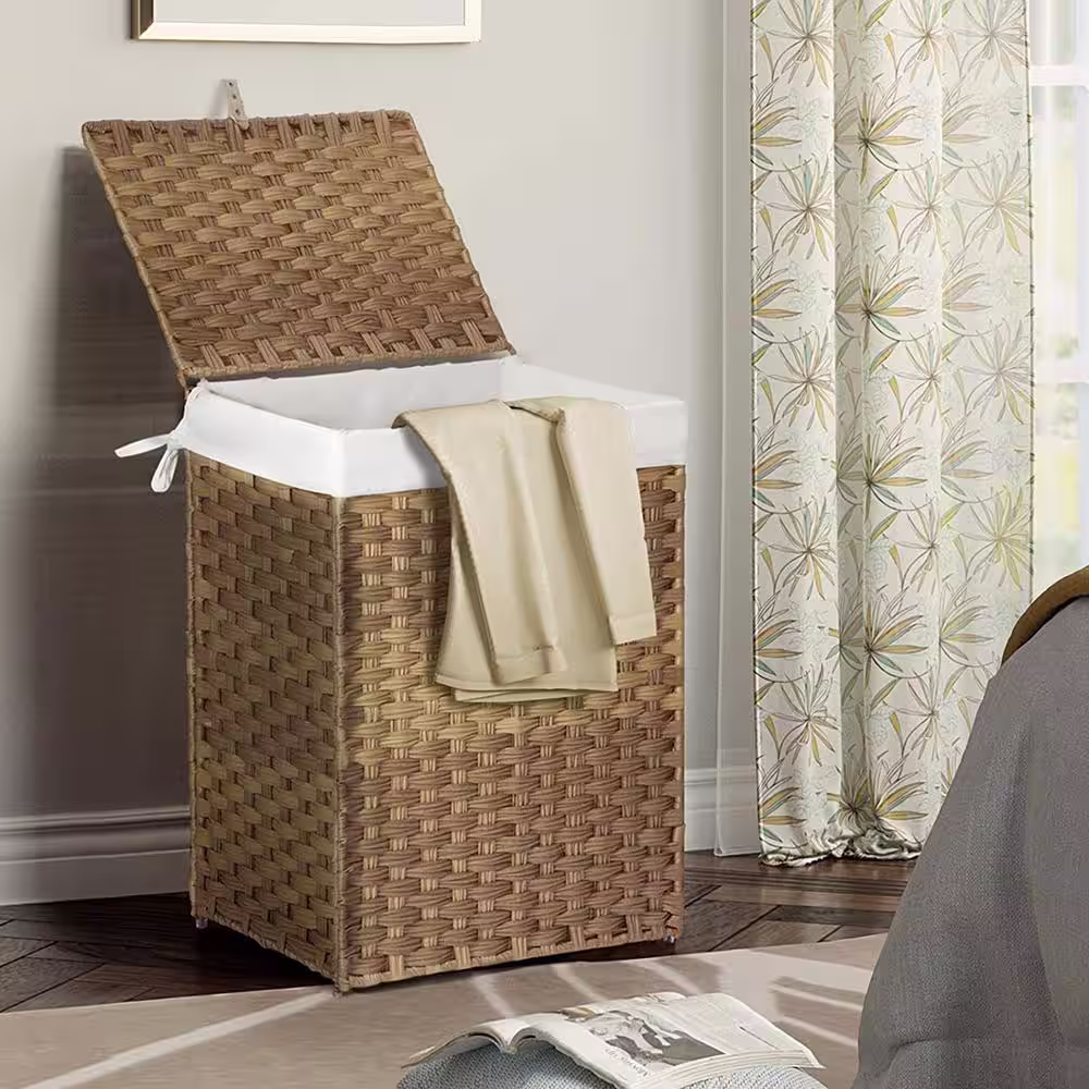 None 90L Rattan Laundry Basket Hamper with 2 Removable Liner Bags Natural