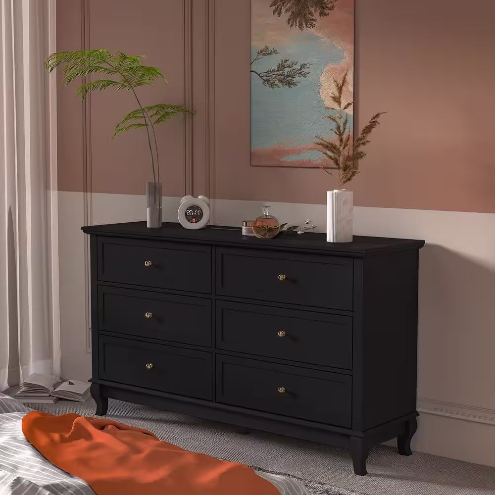 None 6-Drawers Black Wood Chest of Drawer Storage Cabinet Organizer 55.1 in. W x 15.7 in. D x 31.5 in. H