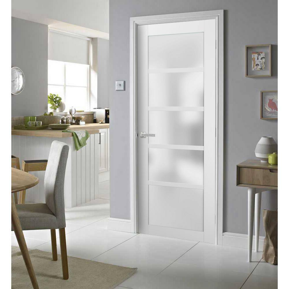 Sartodoors 4002 28 in. x 80 in. Single Panel No Bore Frosted Glass White Finished Pine Wood Interior Door Slab