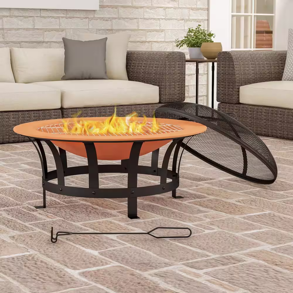 Pure Garden 30 in. W x 20 in. H Round Steel Wood Burning Outdoor Deep Fire Pit in Copper/Black with Grilling Grate