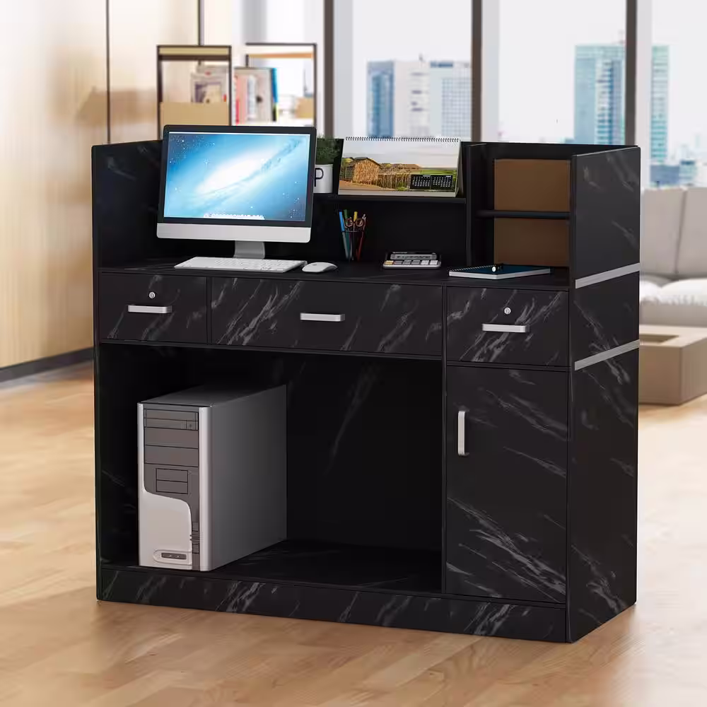 None 47.2 in. Rectangle Black Wood Writing Desk Reception Desk Executive Computer Workstation with Lockable Drawers, Cabinet
