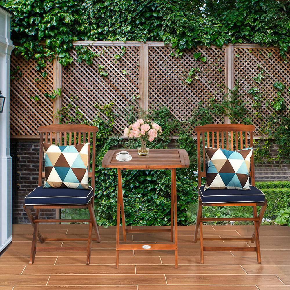 None 3-Piece Wood Folding Square Garden Yard Outdoor Bistro Set with Blue Cushions