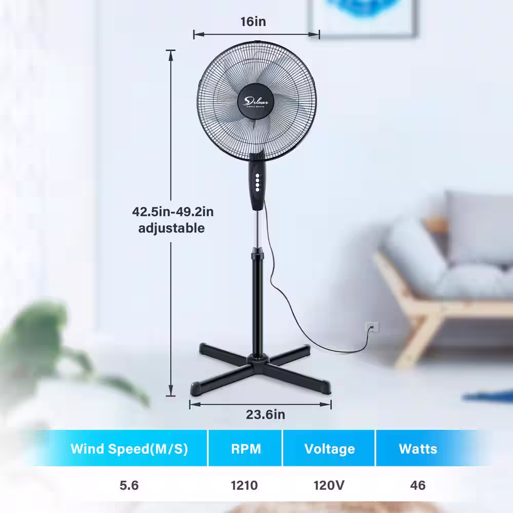Kahomvis 16 in. 3 fan speeds Pedestal Stand Floor Fan in Black with Oscillating Head and Adjustable Height, 2-Pack
