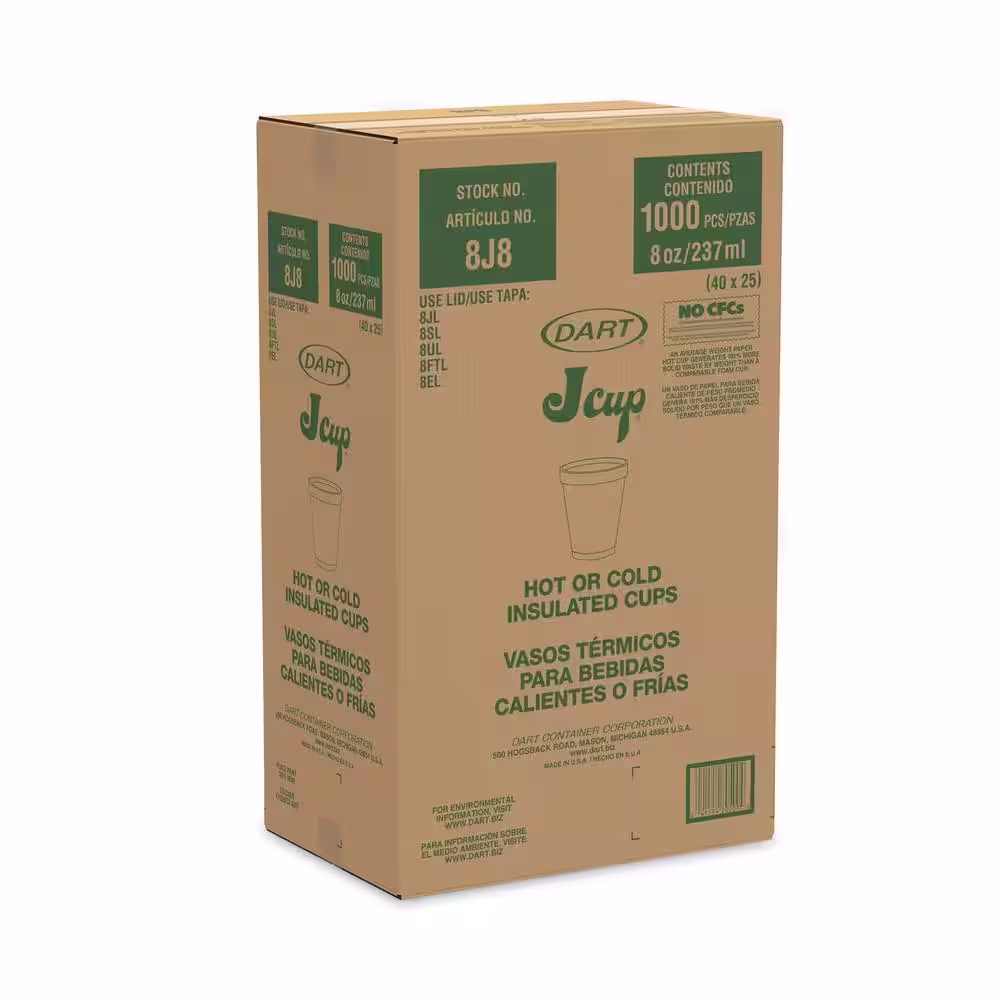DART 8 oz. White Disposable Foam Cups, 25/Bag, 40 Bags/Carton