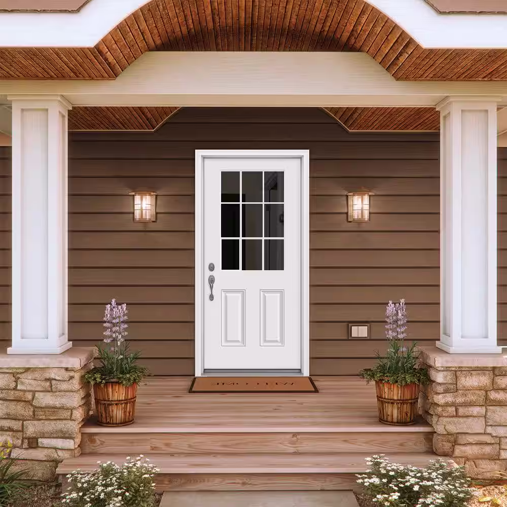 JELD-WEN 32 in. x 80 in. 9 Lite Primed Fiberglass Prehung Front Door with Brickmould