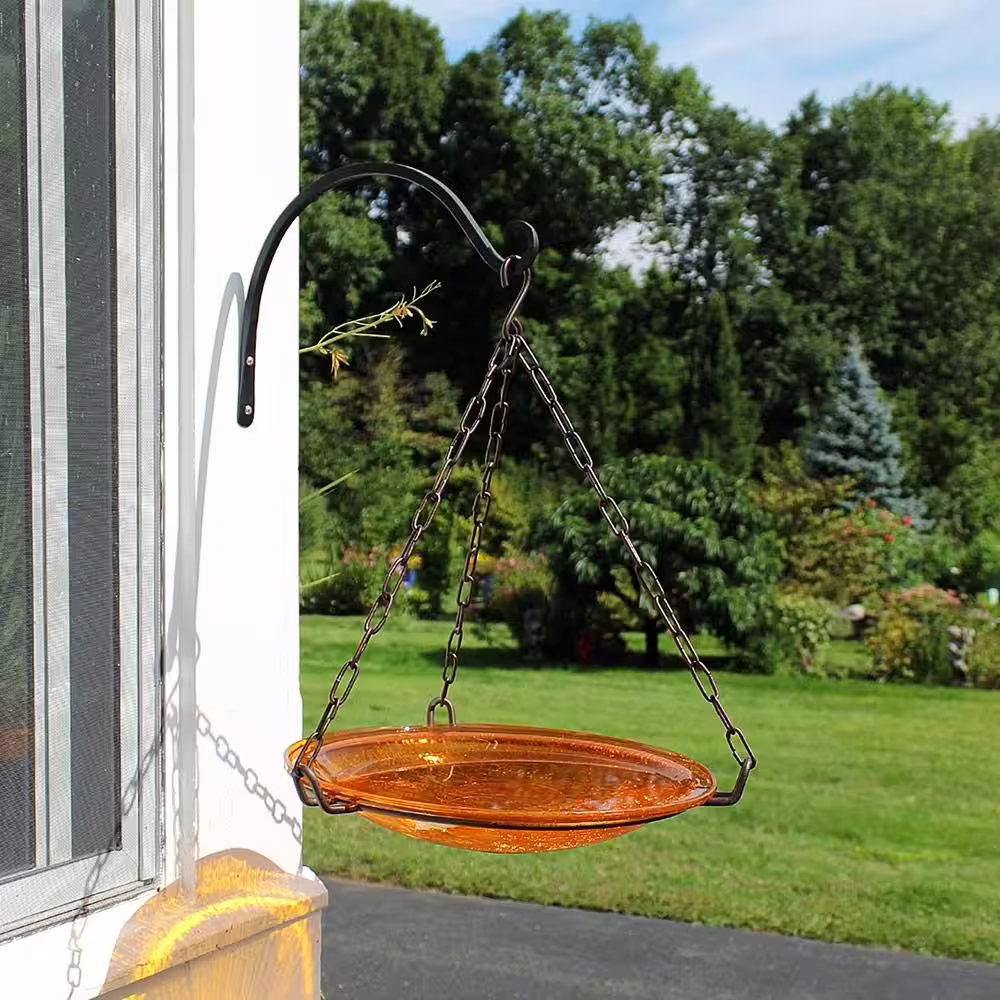 ACHLA DESIGNS 14 in. Dia Mandarin Orange Reflective Crackle Glass Hanging Birdbath Bowl