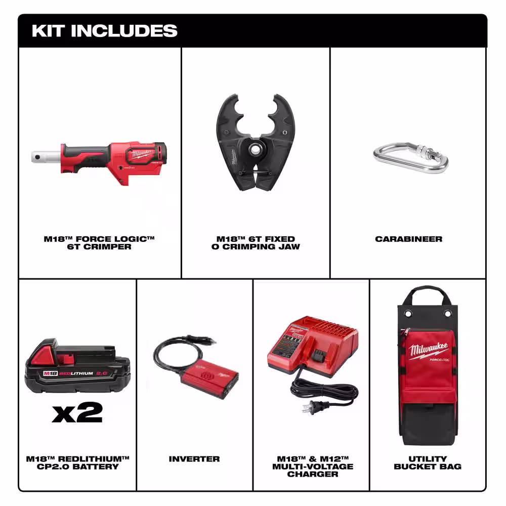 Milwaukee M18 18V Lithium-Ion Cordless FORCE LOGIC 6-Ton Utility Crimping Kit with D3 Grooves and Fixed O Die