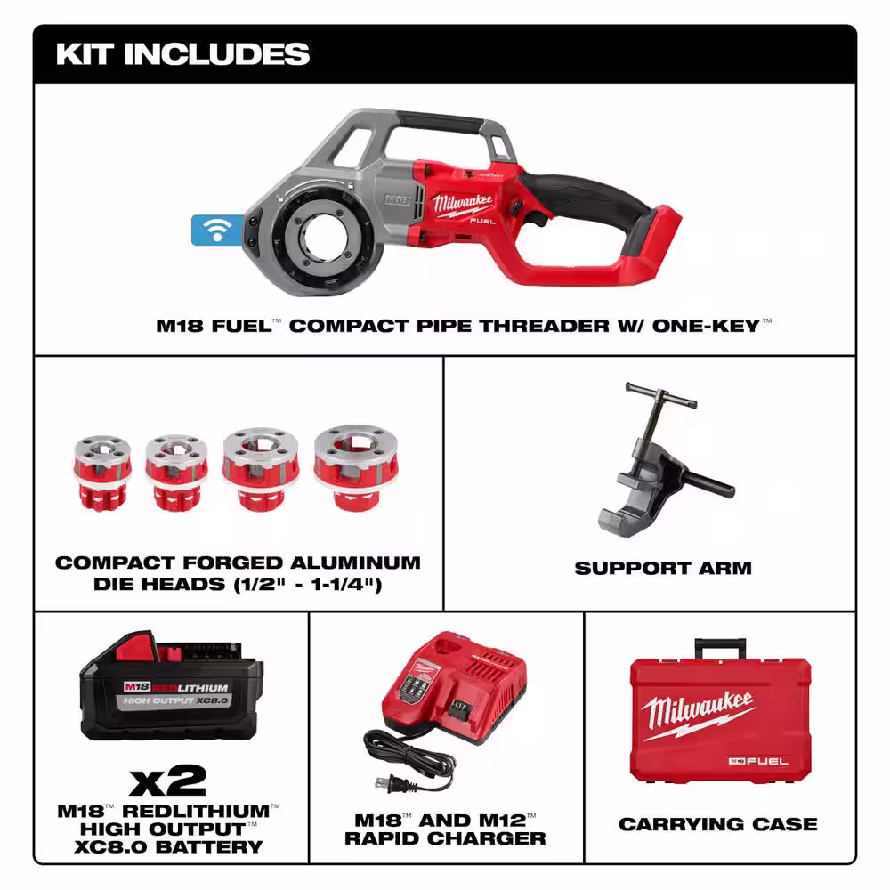 Milwaukee M18 FUEL 1-Key Cordless Brushless Compact Pipe Threader Kit and M18 FUEL Cordless 4-1/2 in. - 6 in. Grinder