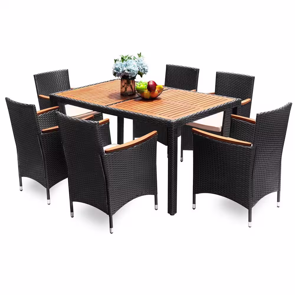 Tozey 7-Piece Acacia and Wicker Outdoor Dining Set with Beige Cushions