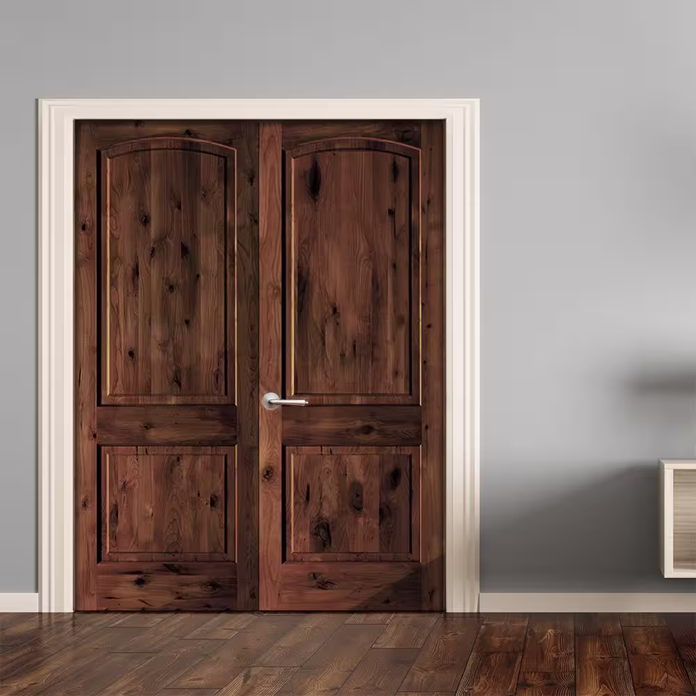 Krosswood Doors 56 in. x 96 in. Knotty Alder 2-Panel Right-Handed Red Chestnut Stain Wood Double Prehung Interior Door