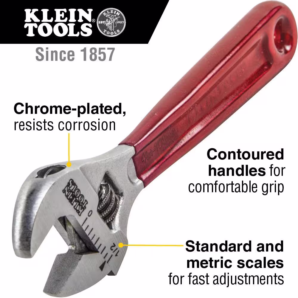 Klein Tools 1/2 in. Standard Capacity Adjustable Wrench with Plastic Dipped Handle