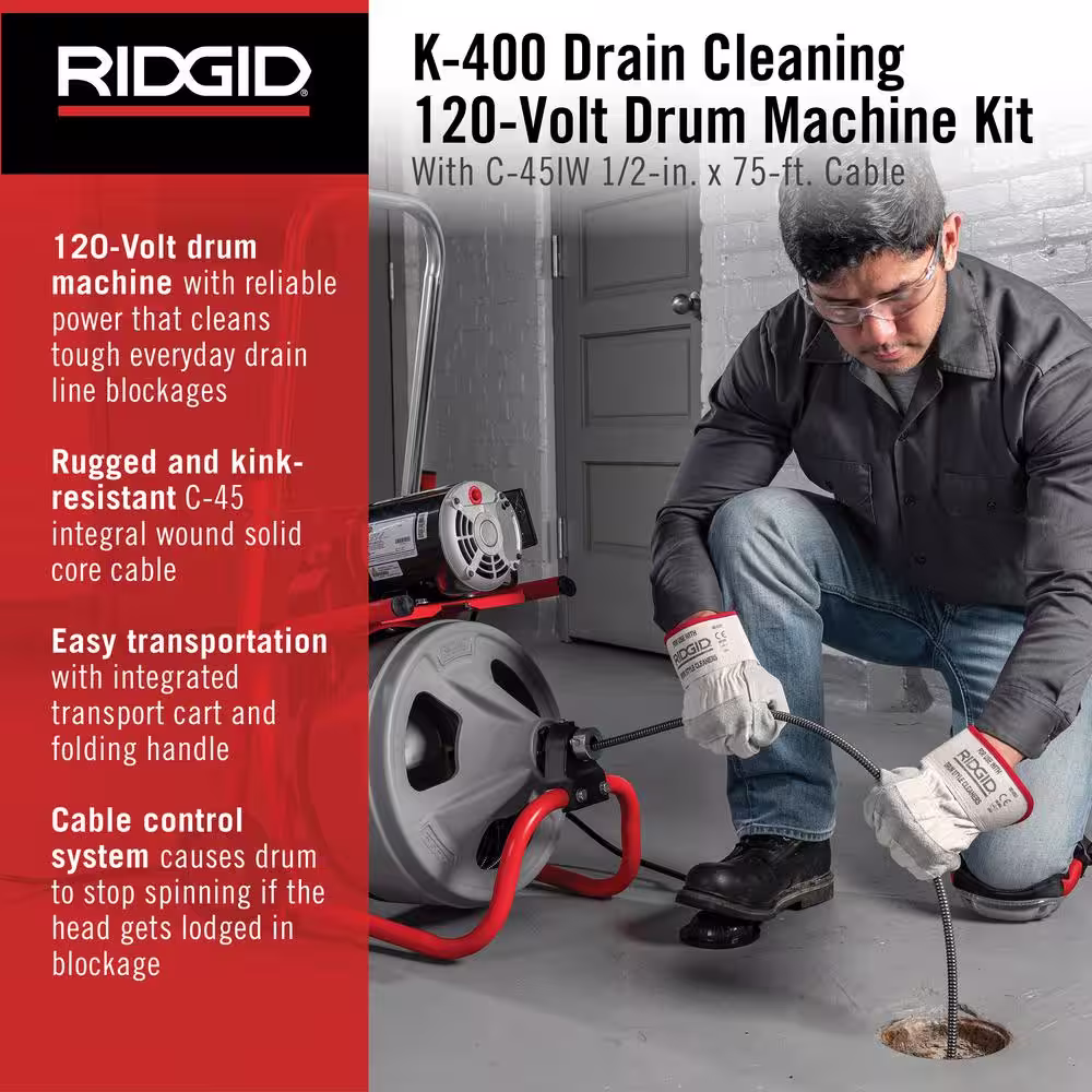 RIDGID K-400 Drain Cleaning Snake Auger Machine, C-45 IW 1/2 in. x 75 ft. Cable inside Drum plus 4-Piece Tool Set and Gloves