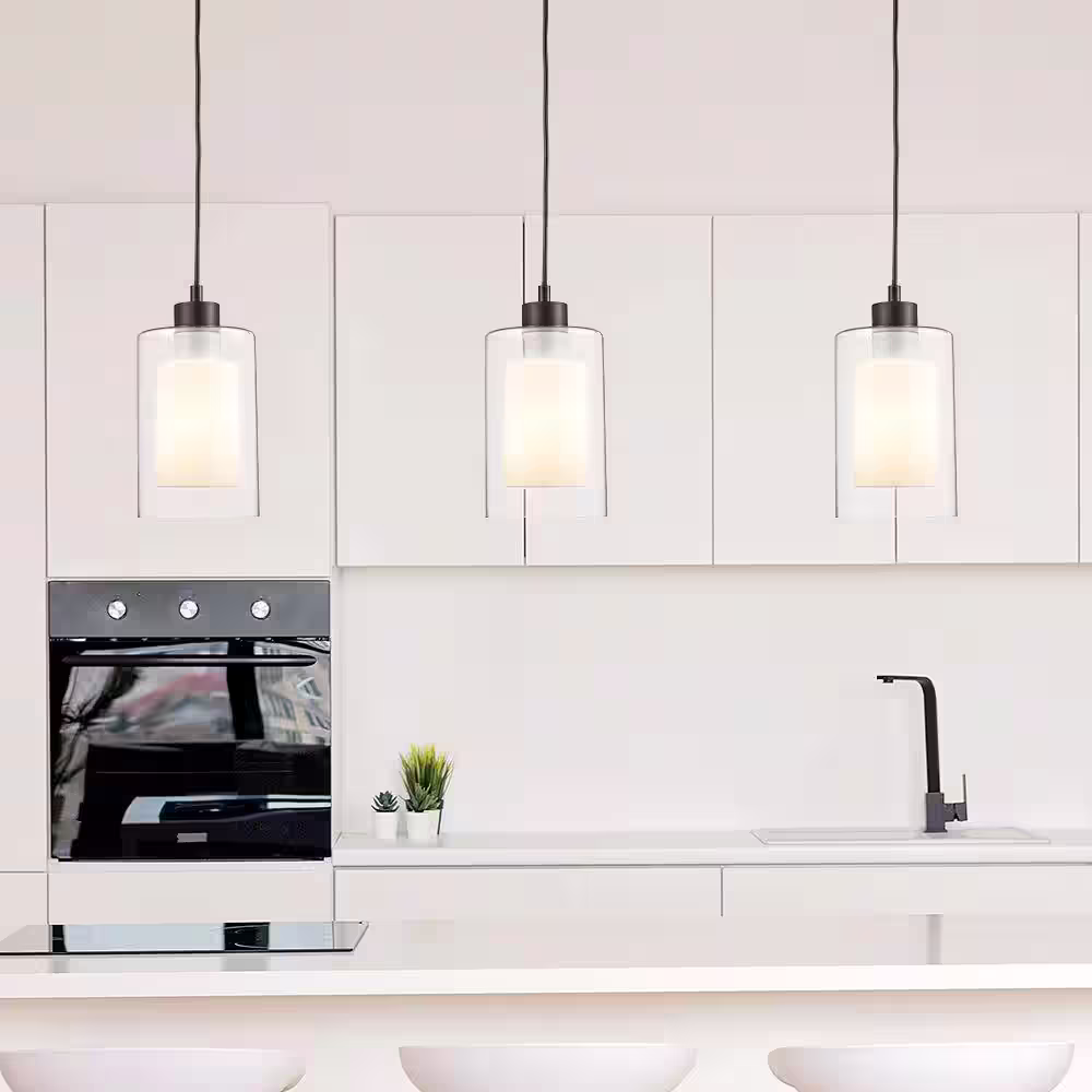 Bel Air Lighting 1-Light Black Mini Pendant Light Fixture with Frosted Inner and Clear Glass Outer Shade