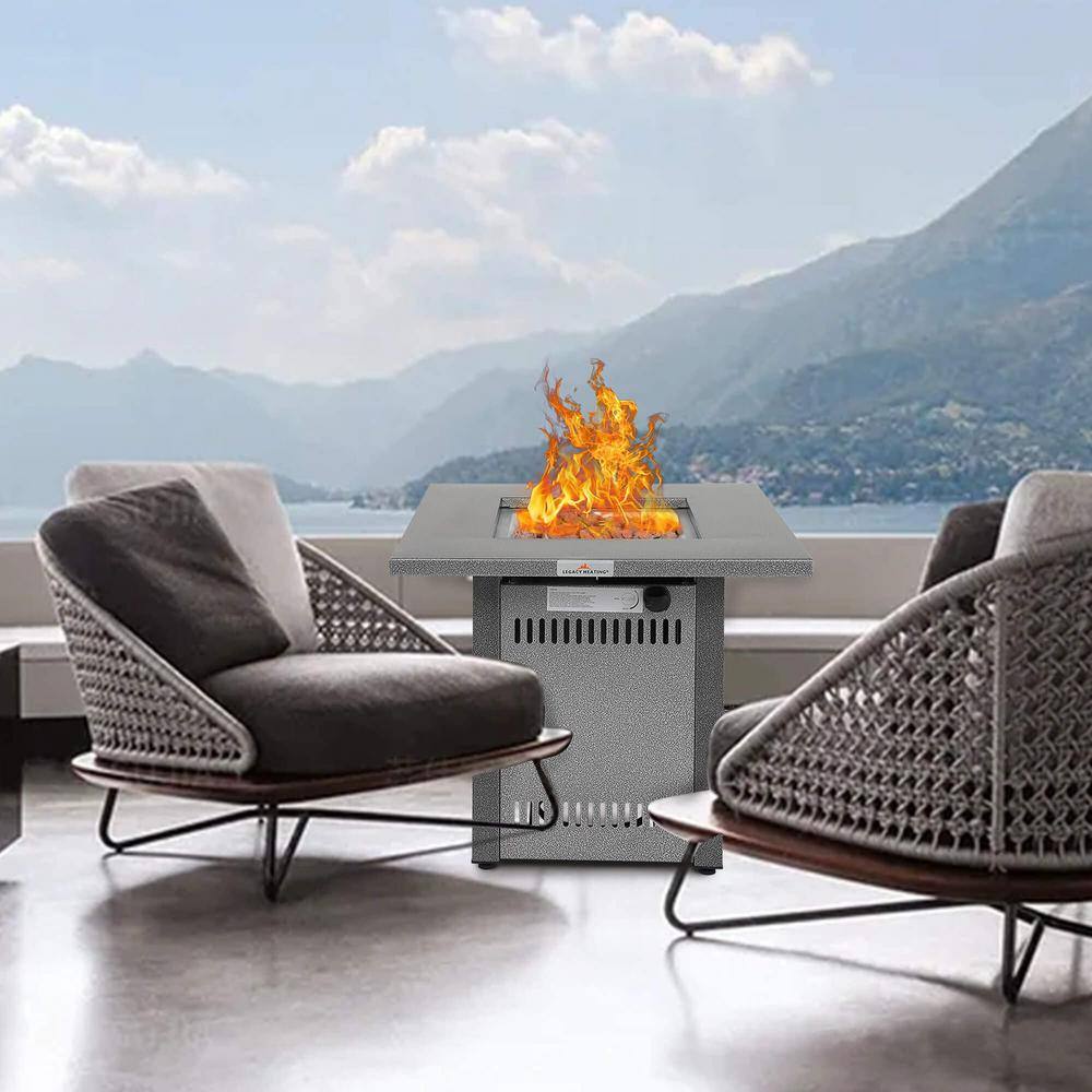 None 28 in. Silver 50000 BTU Outdoor Metal Propane Gas Fire Pit Table, with Lid and Lava Rock