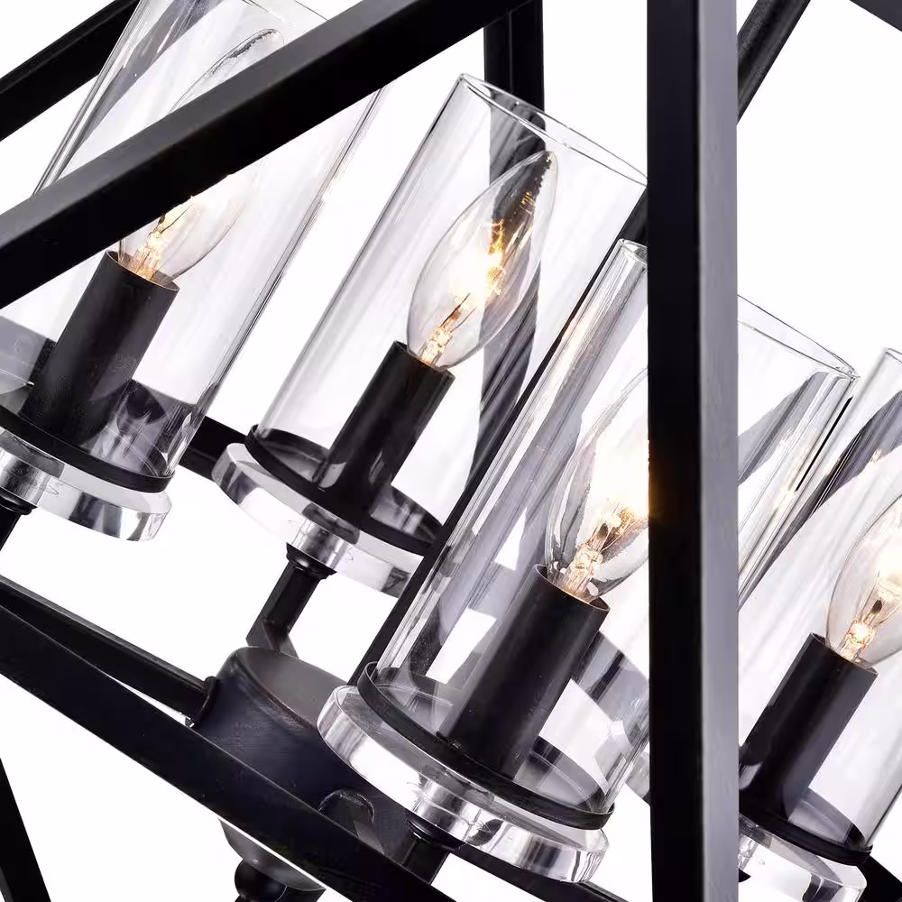 Edvivi Renzo 4-Light Antique Black Geometric Iron Modern Farmhouse Cage Chandelier with Clear Glass Shades