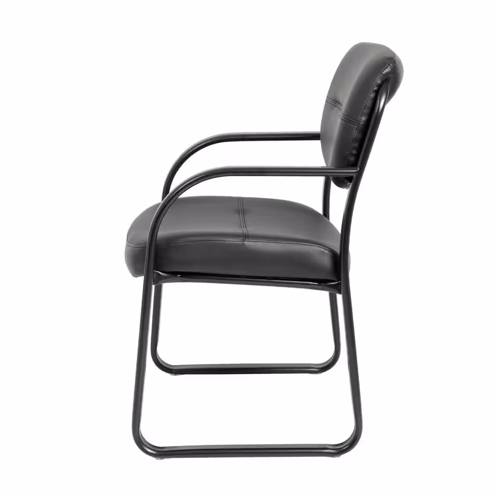 BOSS Office Products Black Leather Guest Chair with Arms, Black Steel Frame