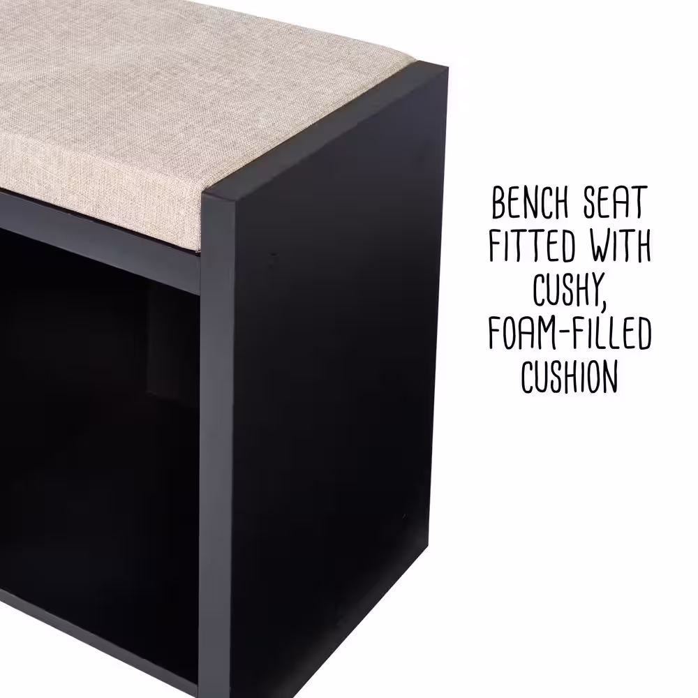 Honey-Can-Do 18.3 in. H x 37 in. W x 12.5 in. D MDF Shoe Storage Bench with Cushion in Black