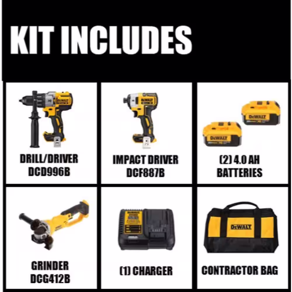 DEWALT 20V MAX XR Cordless Brushless Hammer Drill/Impact 2 Tool Combo Kit, 20V 4.5-5 in. Grinder, and (2) 20V 4.0Ah Batteries