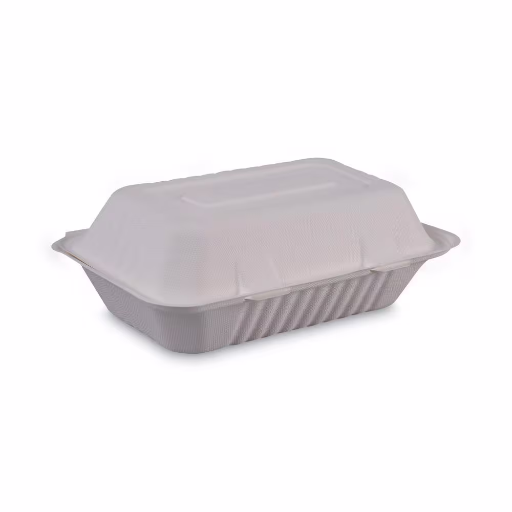 Boardwalk 9 in. x 6 in. x 3.19 in. White Bagasse Food Containers Hinged-Lid 1-Compartment (125/Sleeve 2 Sleeves/Carton)