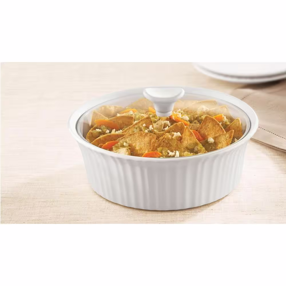 Corningware French White 2.5-Qt Round Ceramic Casserole Dish with Glass Cover