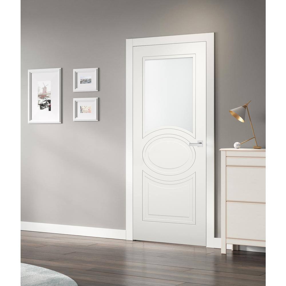 VDOMDOORS 7012 28 in. x 80 in. Universal Handling 1/2-Lite Frosted Glass Solid White Finished Pine MDF Double Prehung French Door