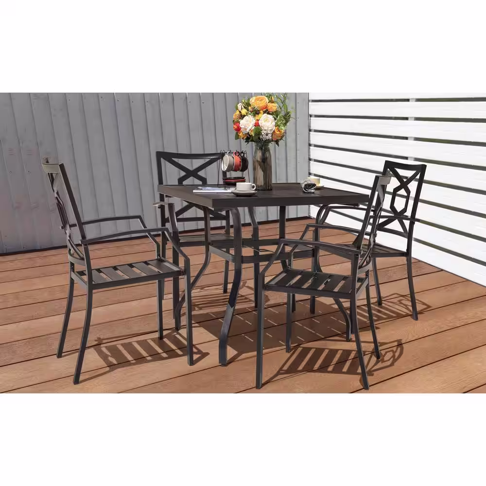 Nuu Garden 5-Piece Outdoor Dining Set with Umbrella Hole Patio Furniture Set with Stackable Armchairs and Square Table in Black