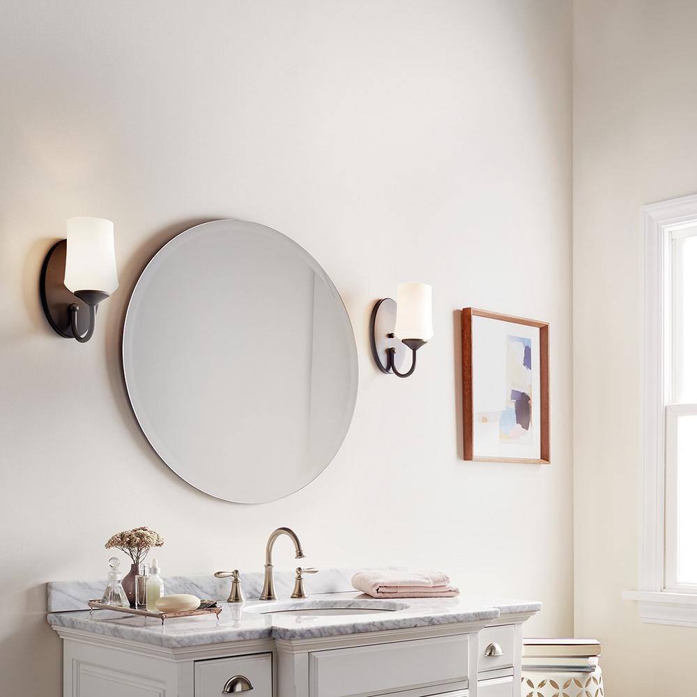 KICHLER Aubrey 1-Light Olde Bronze Bathroom Indoor Wall Sconce Light with Satin Etched Cased Opal Glass Shade