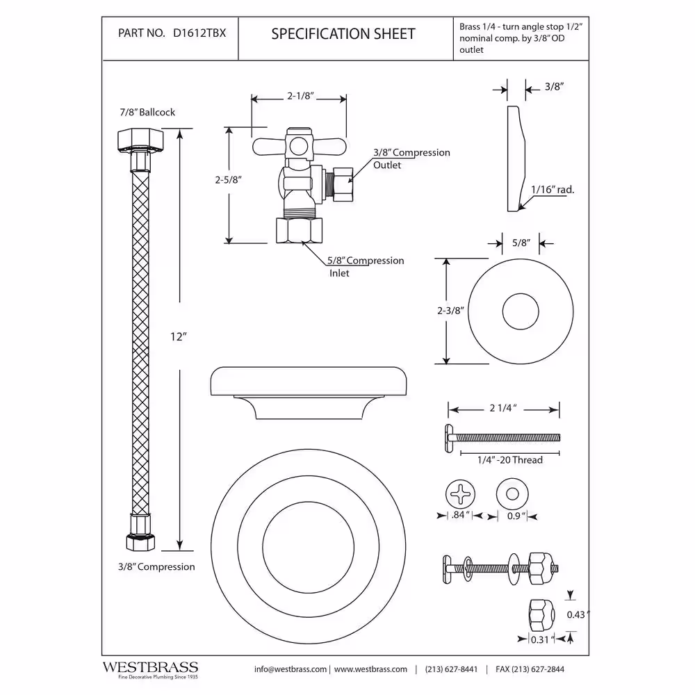 Westbrass 1/2 in. Nominal Compression Cross Handle Angle Stop Toilet Supply Kit in Matte Black