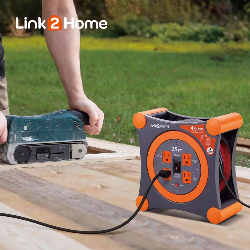 Link2Home 35 ft. 14/3 Extension Cord Storage Reel with 4 Grounded Outlets and Overload Protection