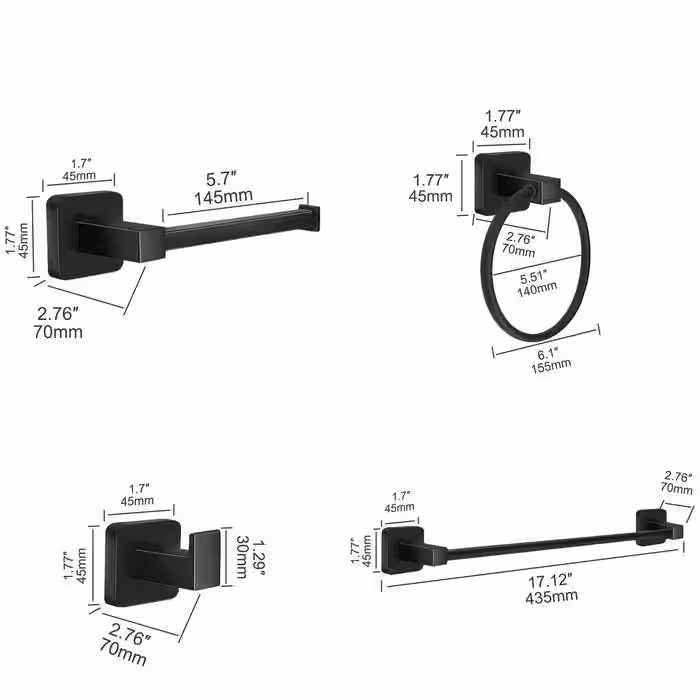 None 4-Piece Bath Hardware Set with 17 in. Towel Bar Towel Ring Toilet Paper Holder and Towel Hook in Matte Black