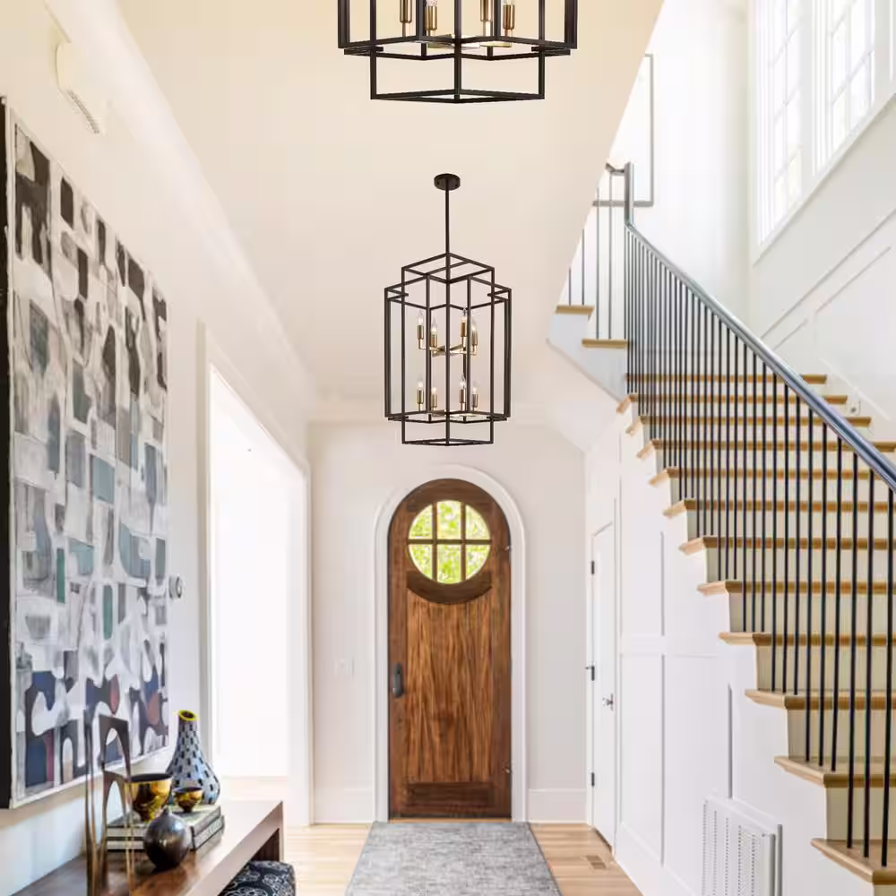 Magic Home Modern 8-Light Black and Gold Foyer Lantern Tiered Chandelier for Living Room Dining Room