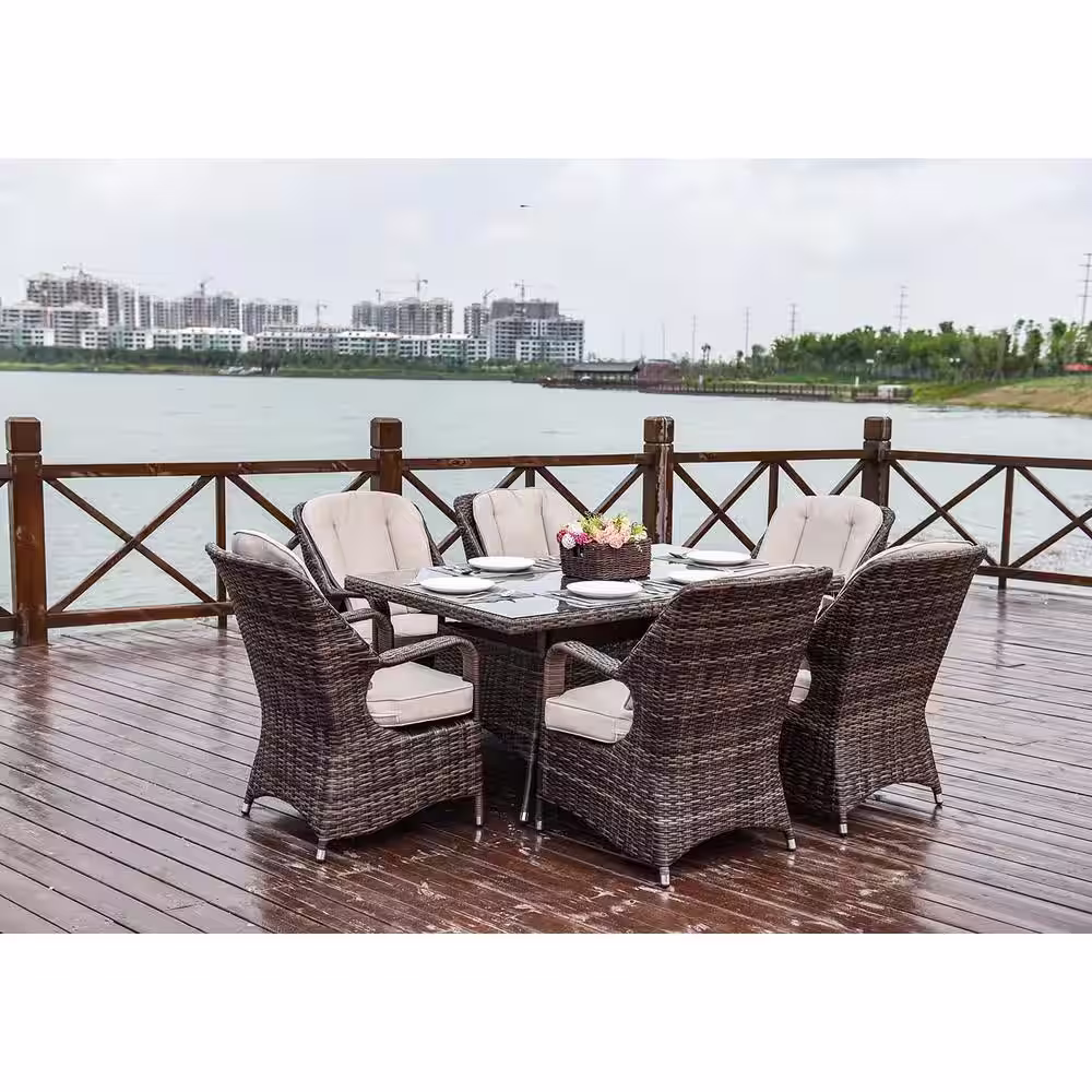 DIRECT WICKER Ozark Brown 7-Piece Wicker Rectangular Outdoor Dining Set with Beige Cushion